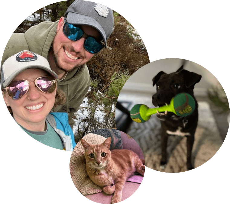 Overlapping circular photos of Shaun and Amanda, their dog Rocky, and their cat Moe.