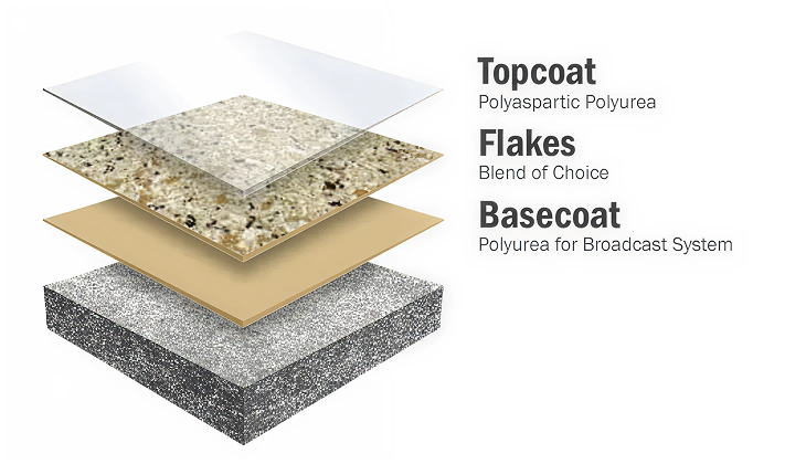 Cross-section of a Penntek flake coating system showing the concrete, basecoat, decorative flake, and clear topcoat layers.