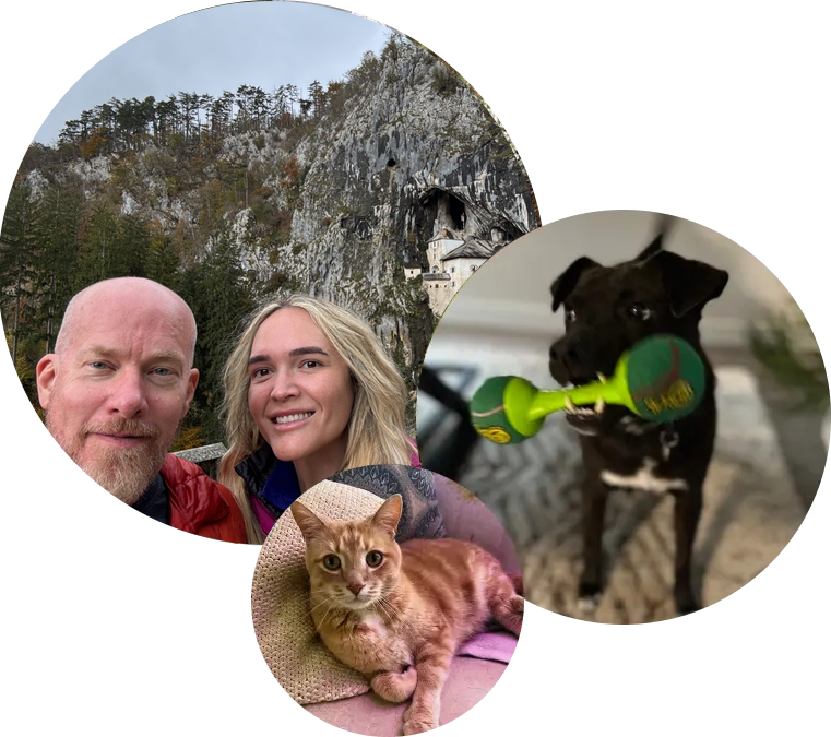 Curt and Dee on a hike, with their dog and cat.